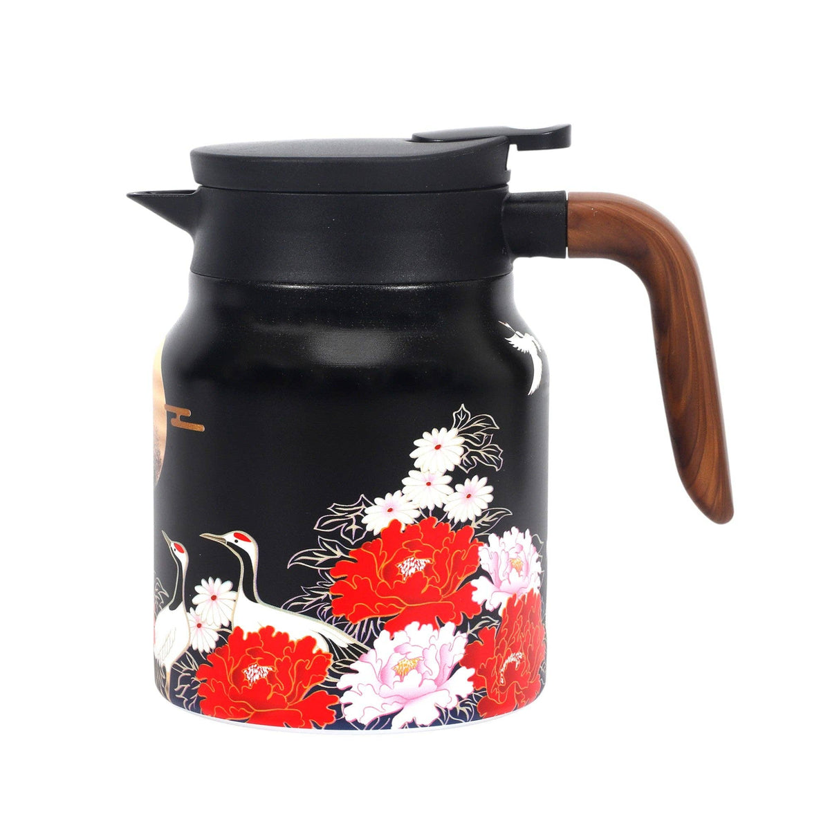 Black tea kettle with floral and bird design