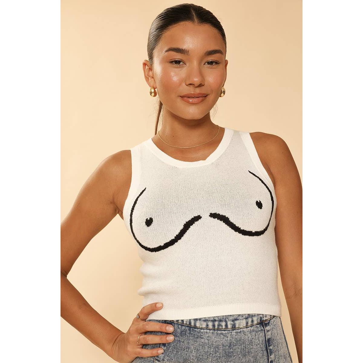 Cream Goddess Tank Top | Cropped Knit Line-Art Boobs Graphic Tank