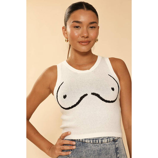 Cream Goddess Tank Top | Cropped Knit Line-Art Boobs Graphic Tank