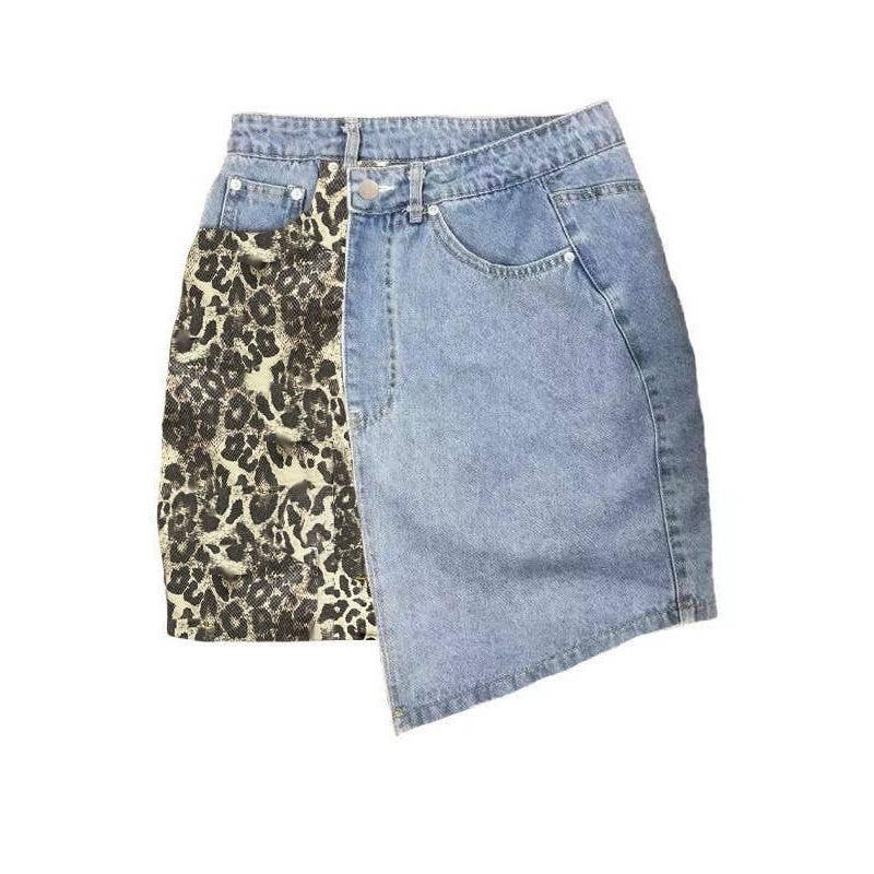 Cream Leopard Denim Wrap Skirt | Contrast Panel Denim Midi Skirt | Button Front Animal Print Skirt