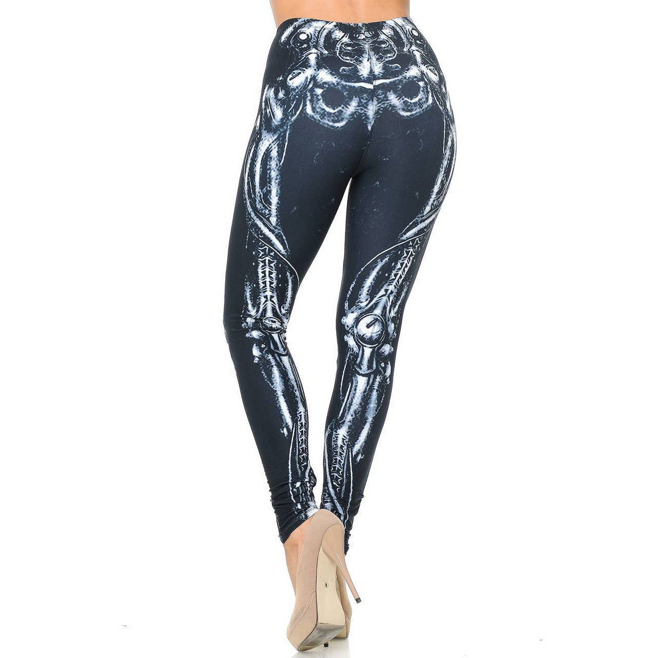 Creamy Soft Black Bio Mechanical Skeleton Halloween Leggings Sizes 0-5X Plus Size Available