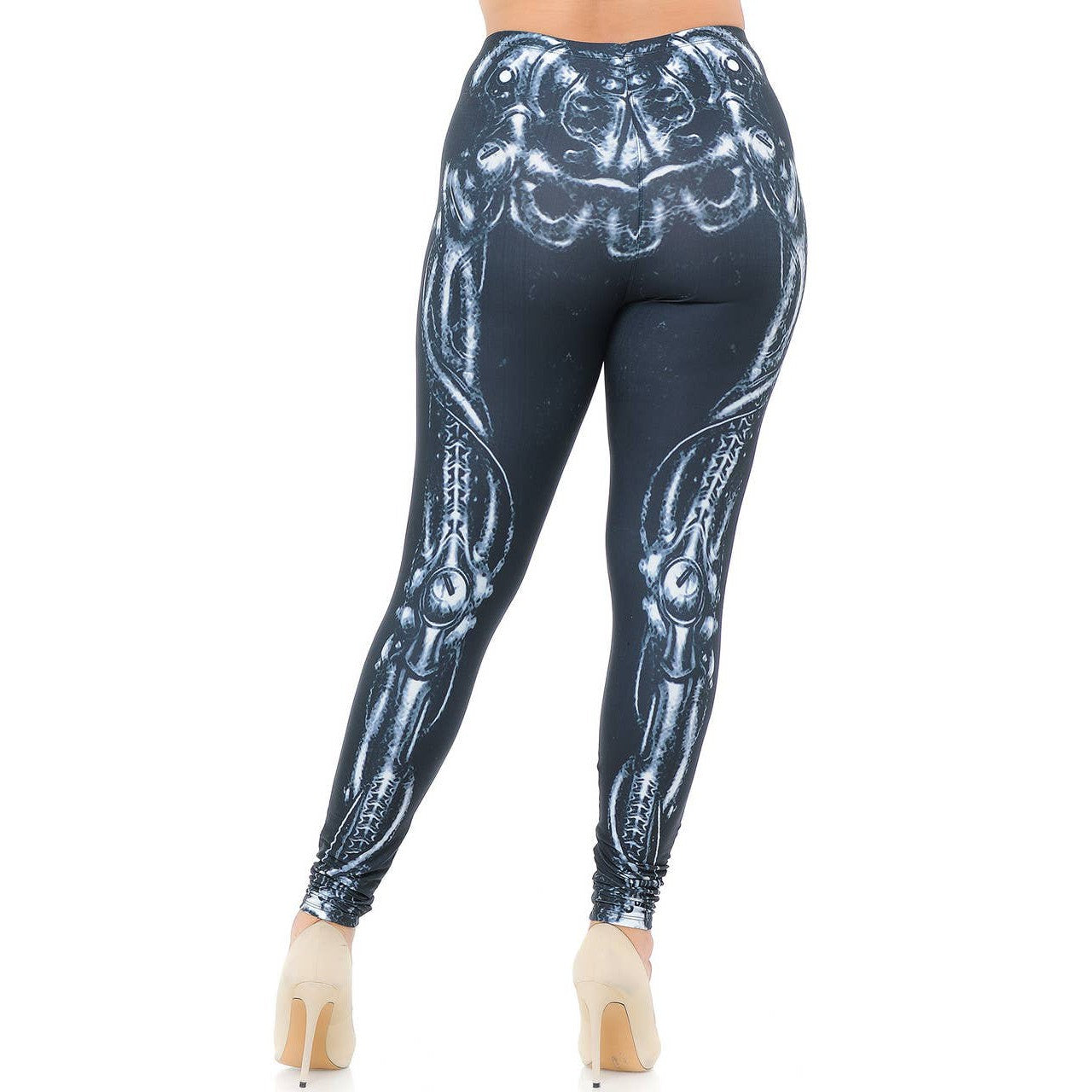 Creamy Soft Black Bio Mechanical Skeleton Halloween Leggings Sizes 0-5X Plus Size Available