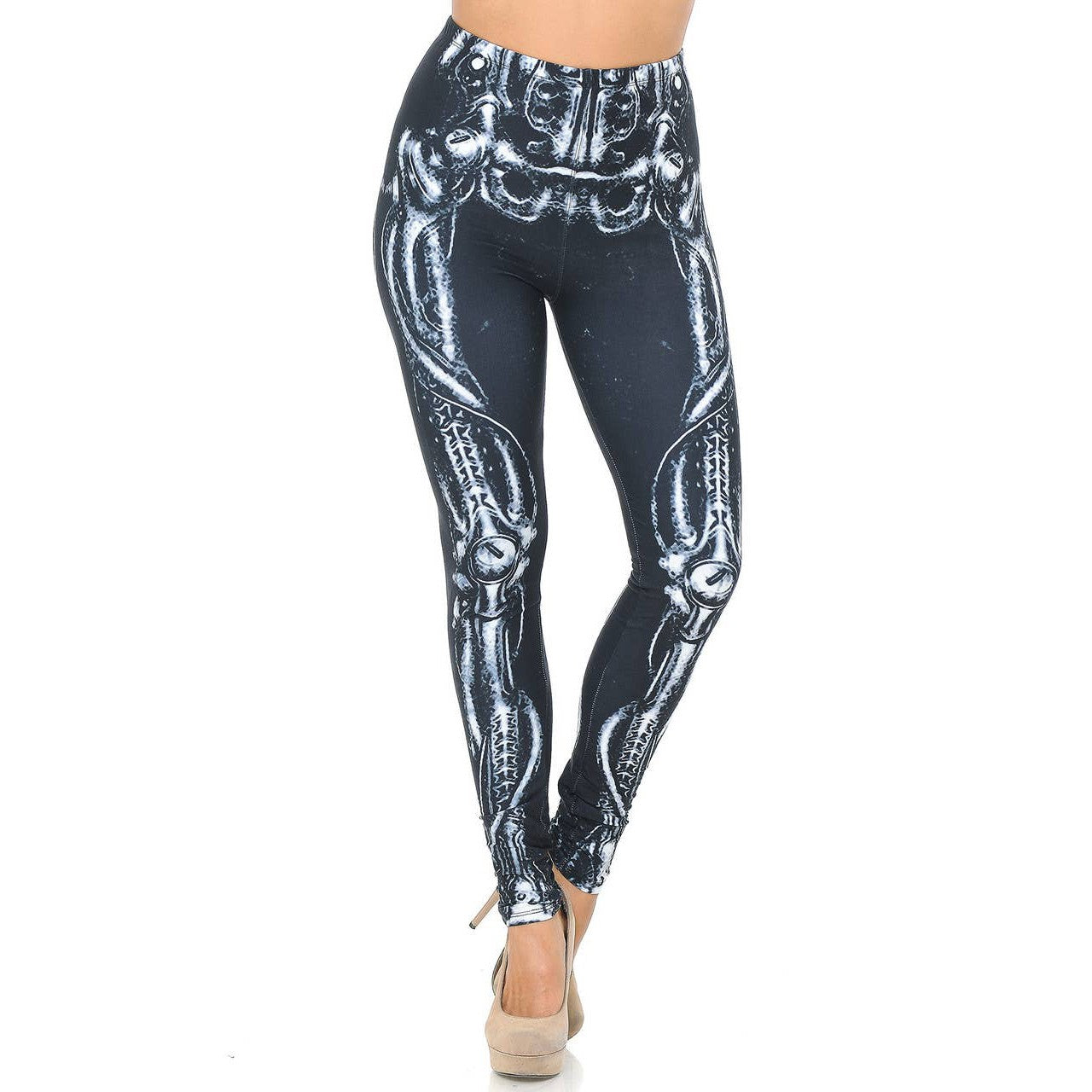 Creamy Soft Black Bio Mechanical Skeleton Halloween Leggings Sizes 0-5X Plus Size Available