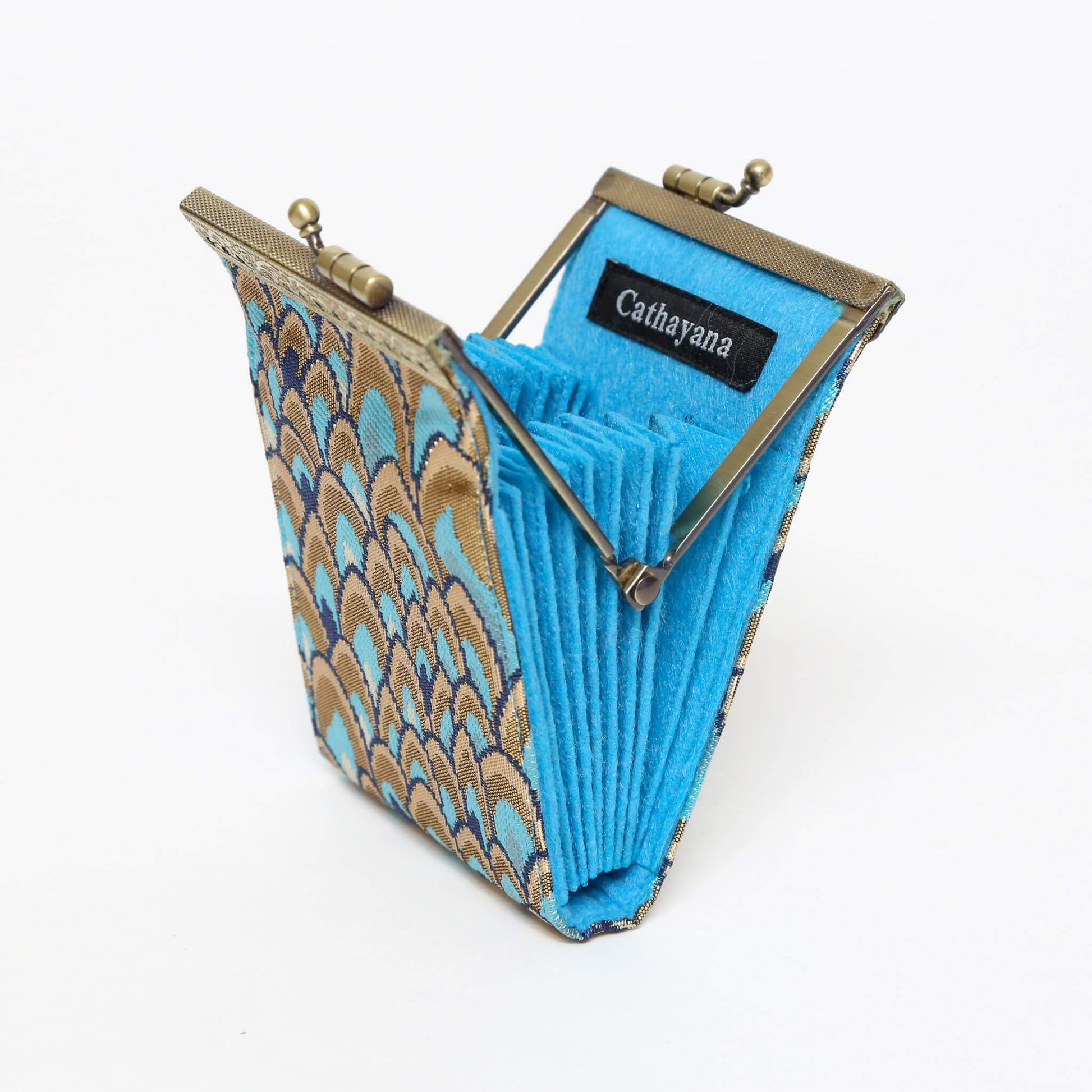 Credit Card Holder in Gold and Blue Brocade Small Feather Pattern | 10 Slots | RFID Blocking-Cathayana-The Bullish Store
