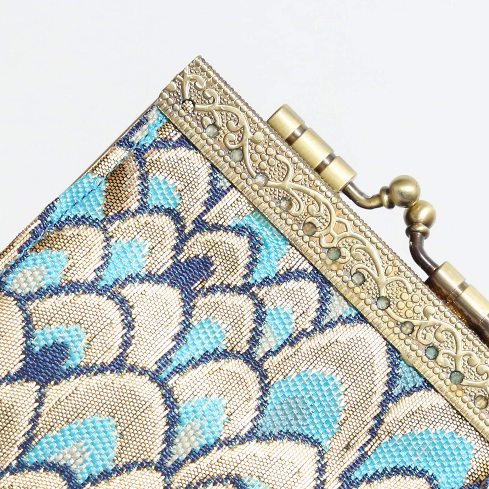 Credit Card Holder in Gold and Blue Brocade Small Feather Pattern | 10 Slots | RFID Blocking-Cathayana-The Bullish Store