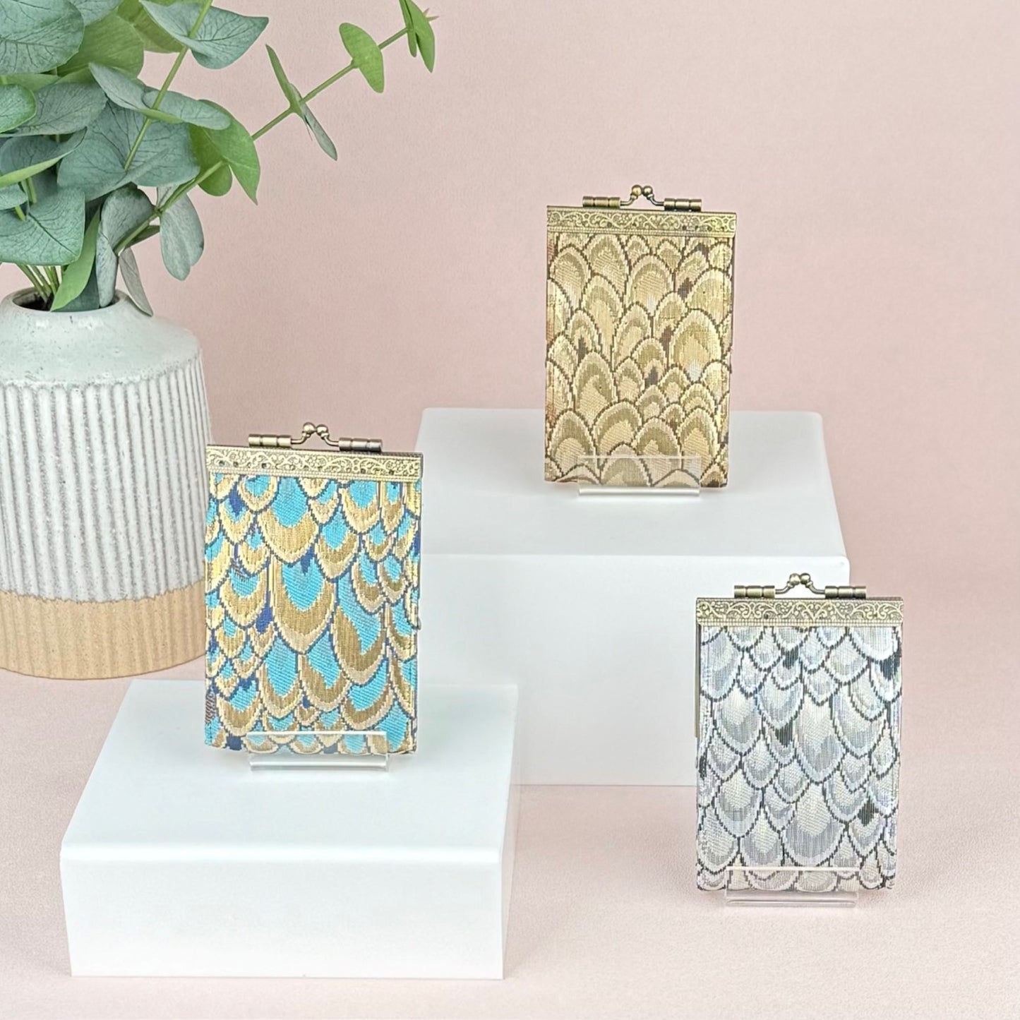 Credit Card Holder in Gold and Blue Brocade Small Feather Pattern | 10 Slots | RFID Blocking-Cathayana-The Bullish Store