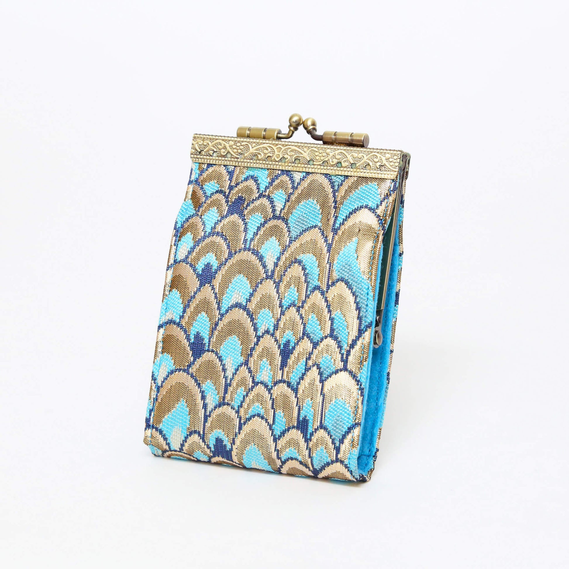 Credit Card Holder in Gold and Blue Brocade Small Feather Pattern | 10 Slots | RFID Blocking-Cathayana-The Bullish Store