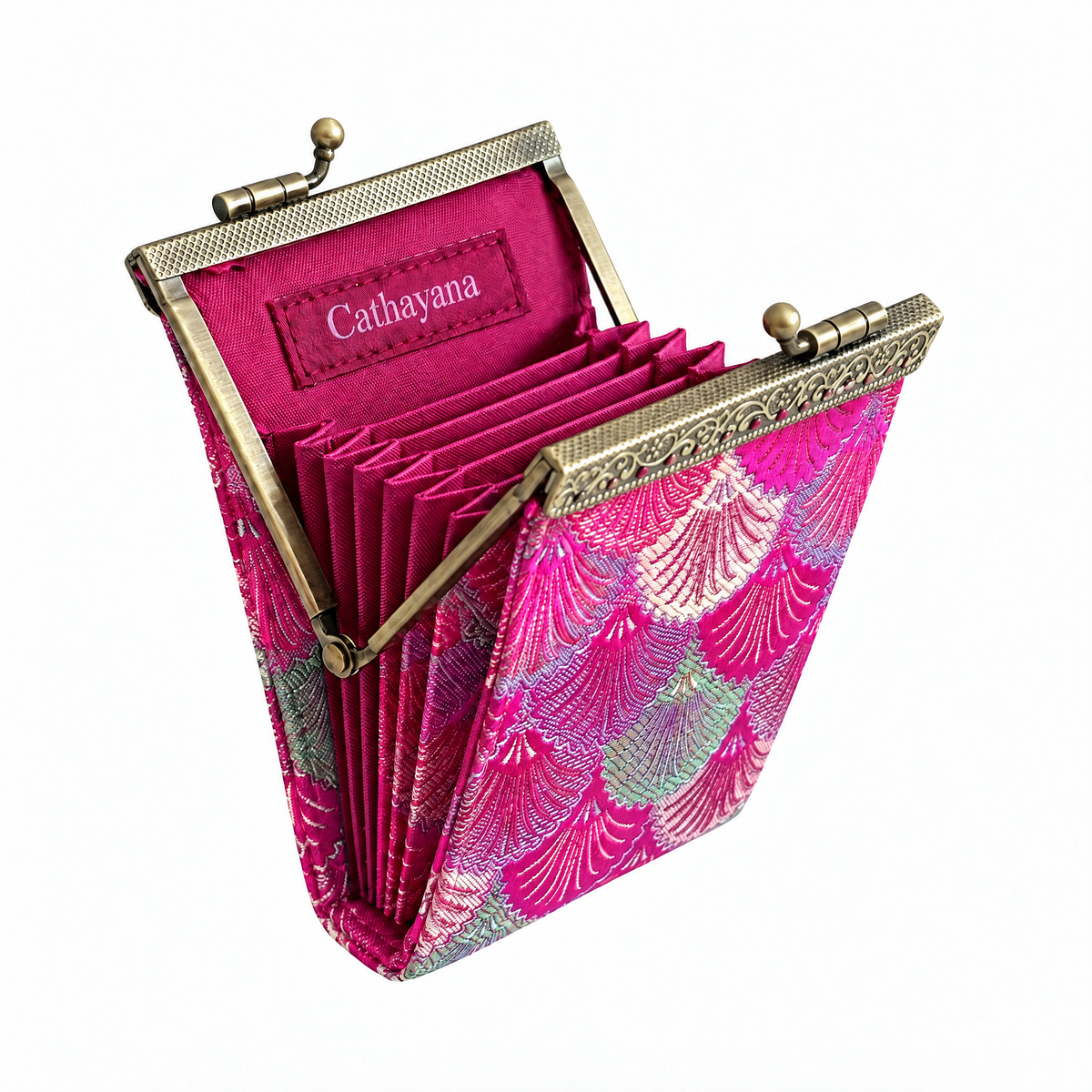 Credit Card Holder in Hot Pink & Green Small Shell Brocade | 10 Slots | RFID Blocking-Cathayana-The Bullish Store