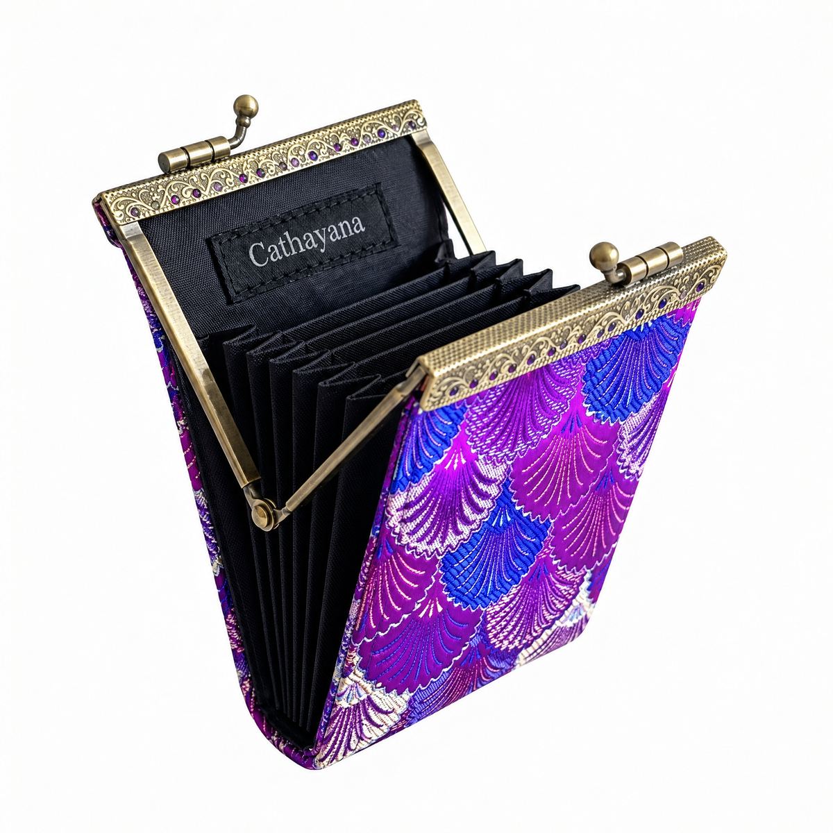Credit Card Holder in Purple & Navy Blue Small Shell Brocade | 10 Slots | RFID Blocking-Cathayana-The Bullish Store
