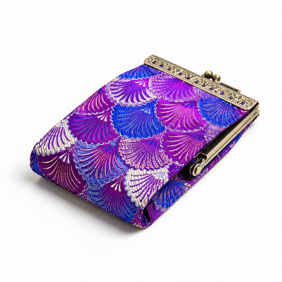 Credit Card Holder in Purple & Navy Blue Small Shell Brocade | 10 Slots | RFID Blocking-Cathayana-The Bullish Store