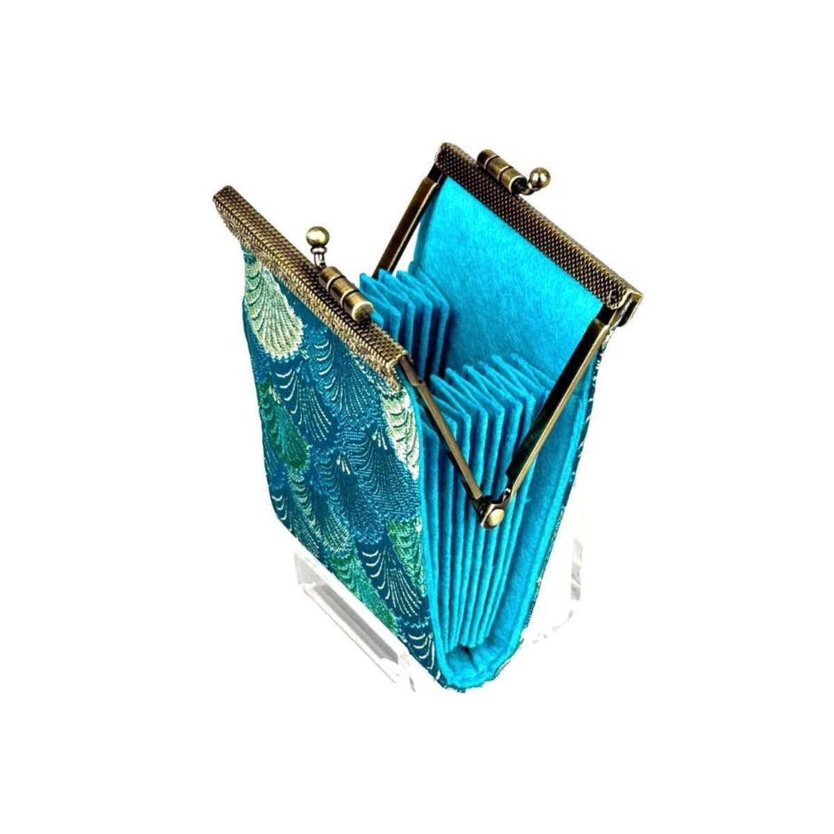 Credit Card Holder in Sky Blue & Green Small Shell Brocade | 10 Slots | RFID Blocking-Cathayana-The Bullish Store