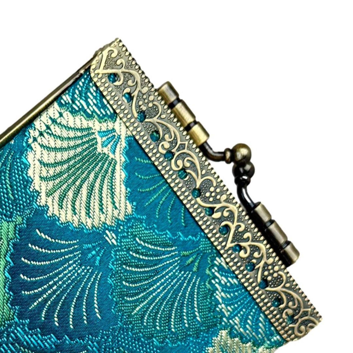 Credit Card Holder in Sky Blue & Green Small Shell Brocade | 10 Slots | RFID Blocking-Cathayana-The Bullish Store