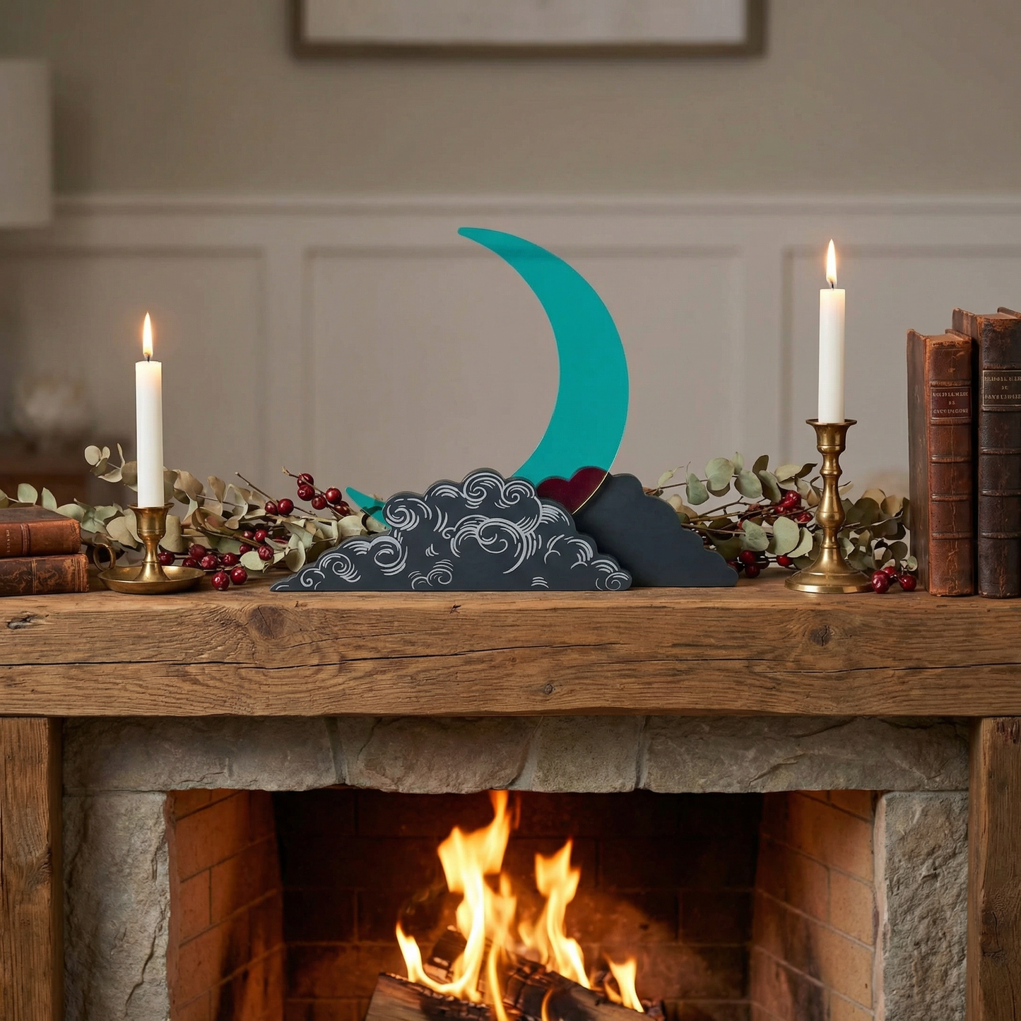 Crescent Moon Shelf Decor | Double-Sided Freestanding Acrylic Wood Celestial Decoration | 9.50" x 7.50"