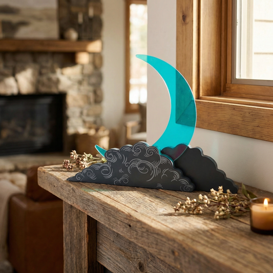 Crescent Moon Shelf Decor | Double-Sided Freestanding Acrylic Wood Celestial Decoration | 9.50" x 7.50"