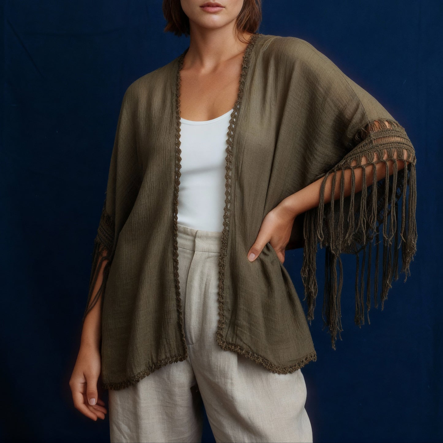 Crochet Back Tasseled Kimono | Bohemian Theme Cardigan Beachwear Cover-up