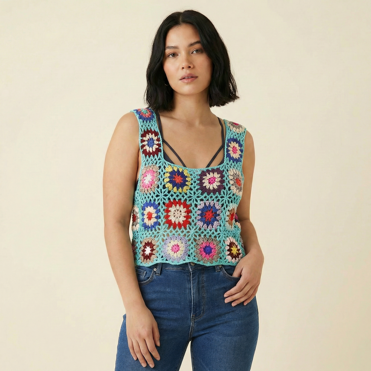 Crochet Crop Top in Blue or Purple | Novelty Knit Cropped Top | Boho Style Knit Tank