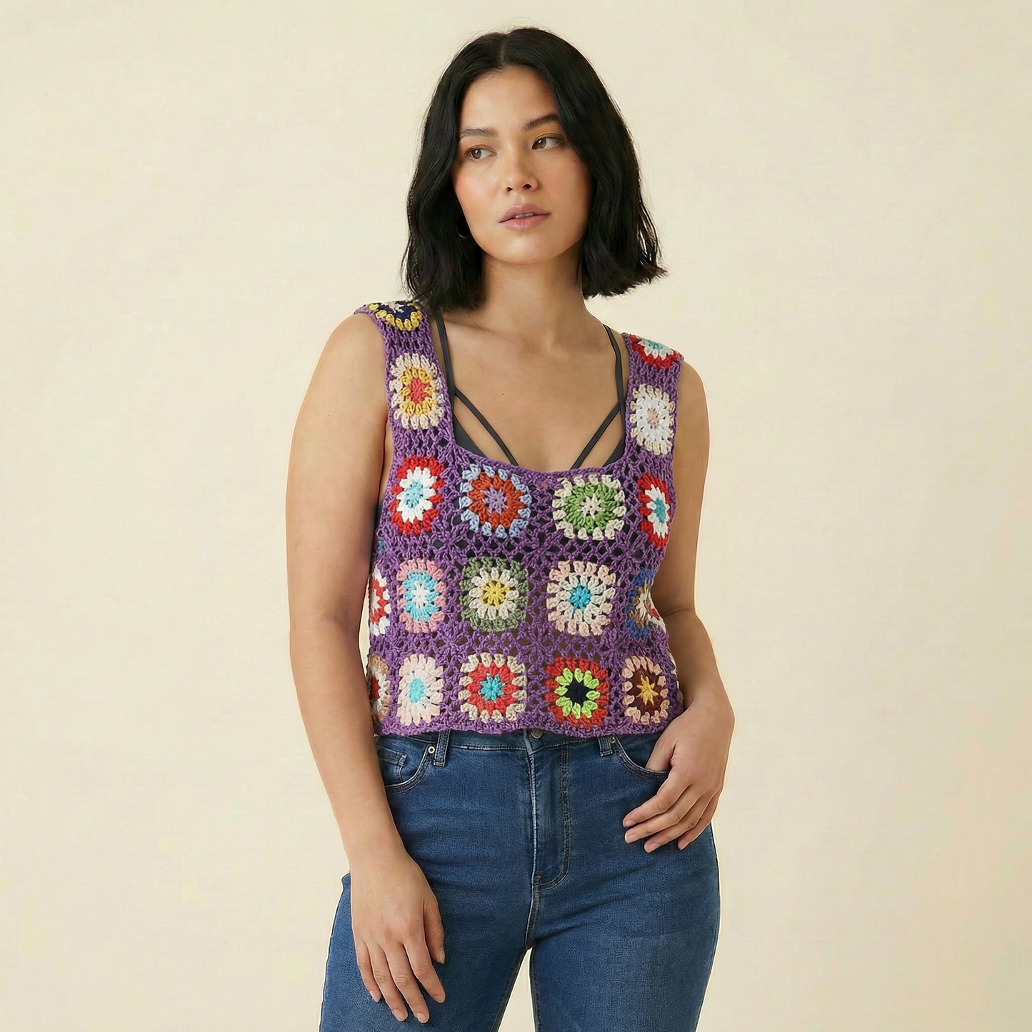 Crochet Crop Top in Blue or Purple | Novelty Knit Cropped Top | Boho Style Knit Tank