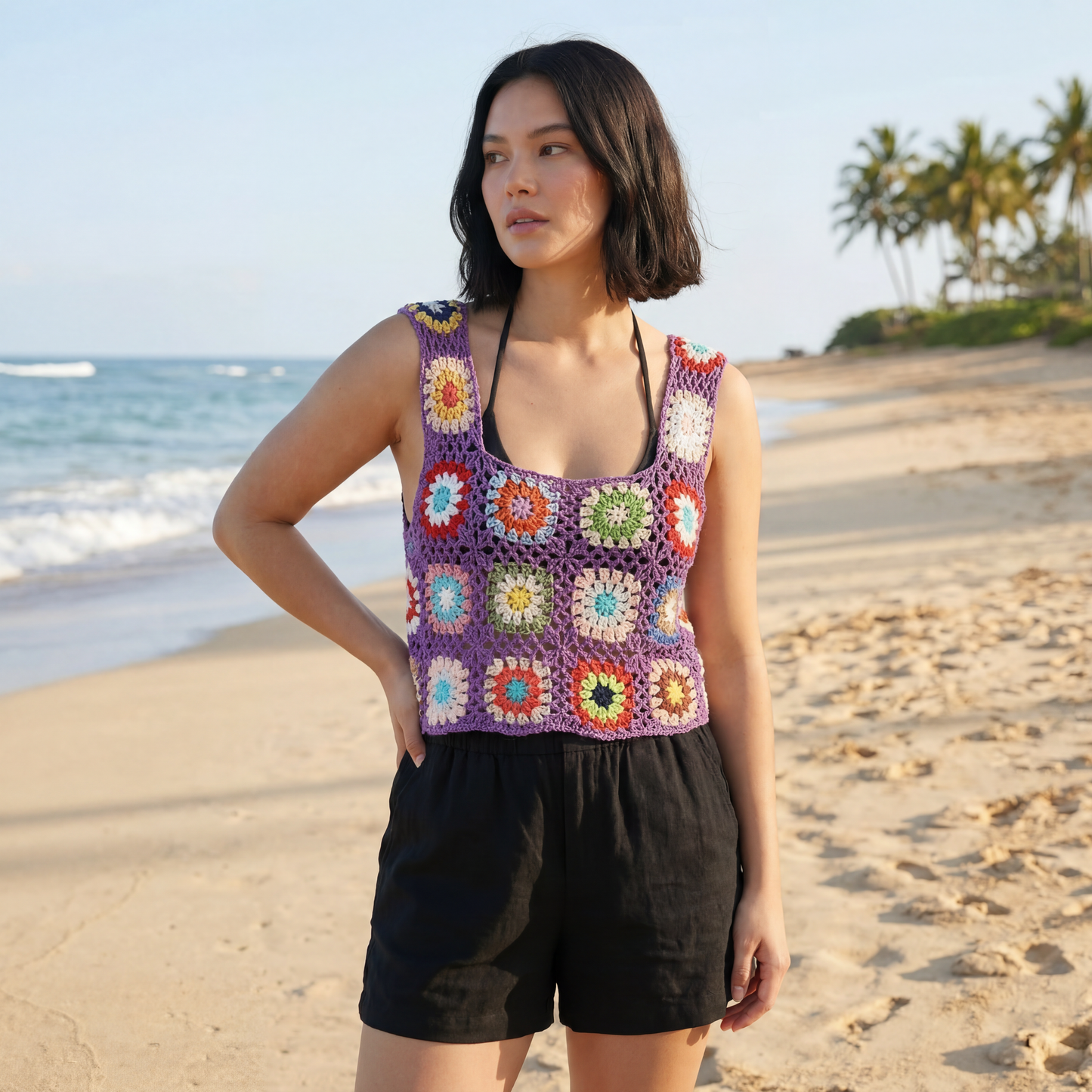 Crochet Crop Top in Blue or Purple | Novelty Knit Cropped Top | Boho Style Knit Tank