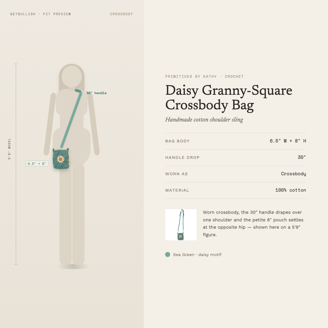 Product description of Daisy Granny-Square Crossbody Bag with dimensions and material details.