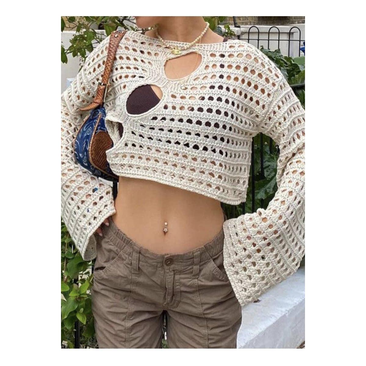 Crochet Keyhole Long Sleeve Crop Top | Long Sleeves Open Knit Pattern [SM-XL]