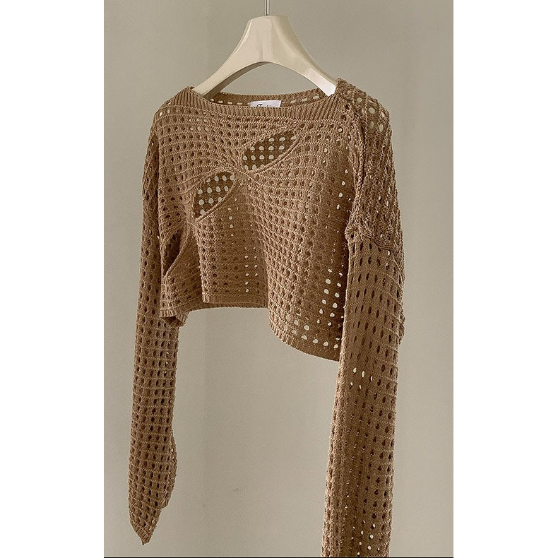 Crochet Keyhole Long Sleeve Crop Top | Long Sleeves Open Knit Pattern [SM-XL]