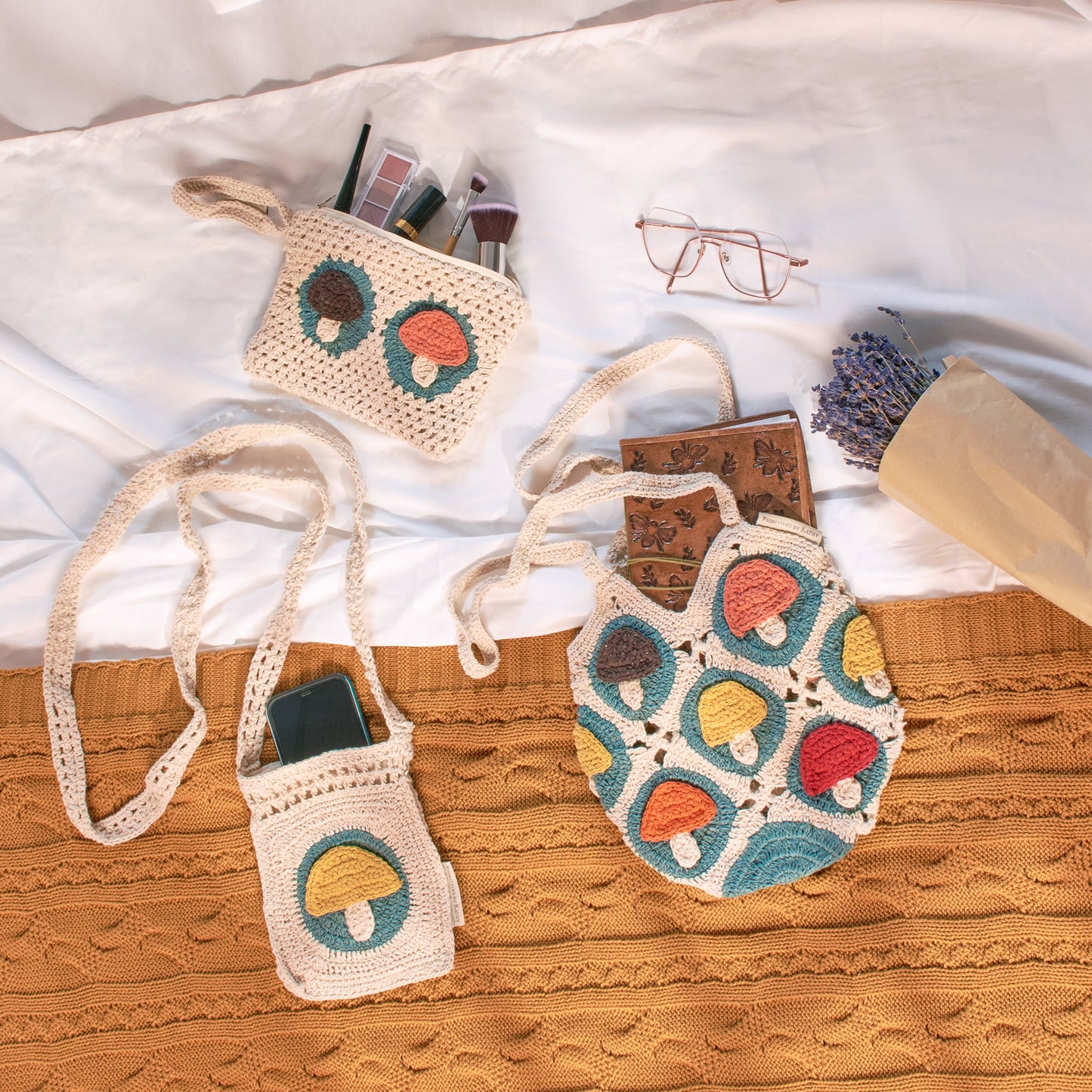 Crochet Mushroom Crossbody Bag | Boho Body Handbag | 8" x 8"
