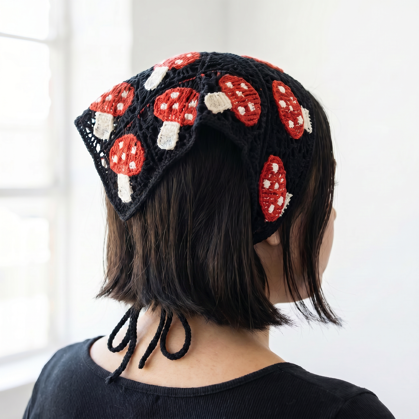 Crocheted Mushroom Hair Kerchief | Red Mushrooms, Bandana-Style in 2 Colors