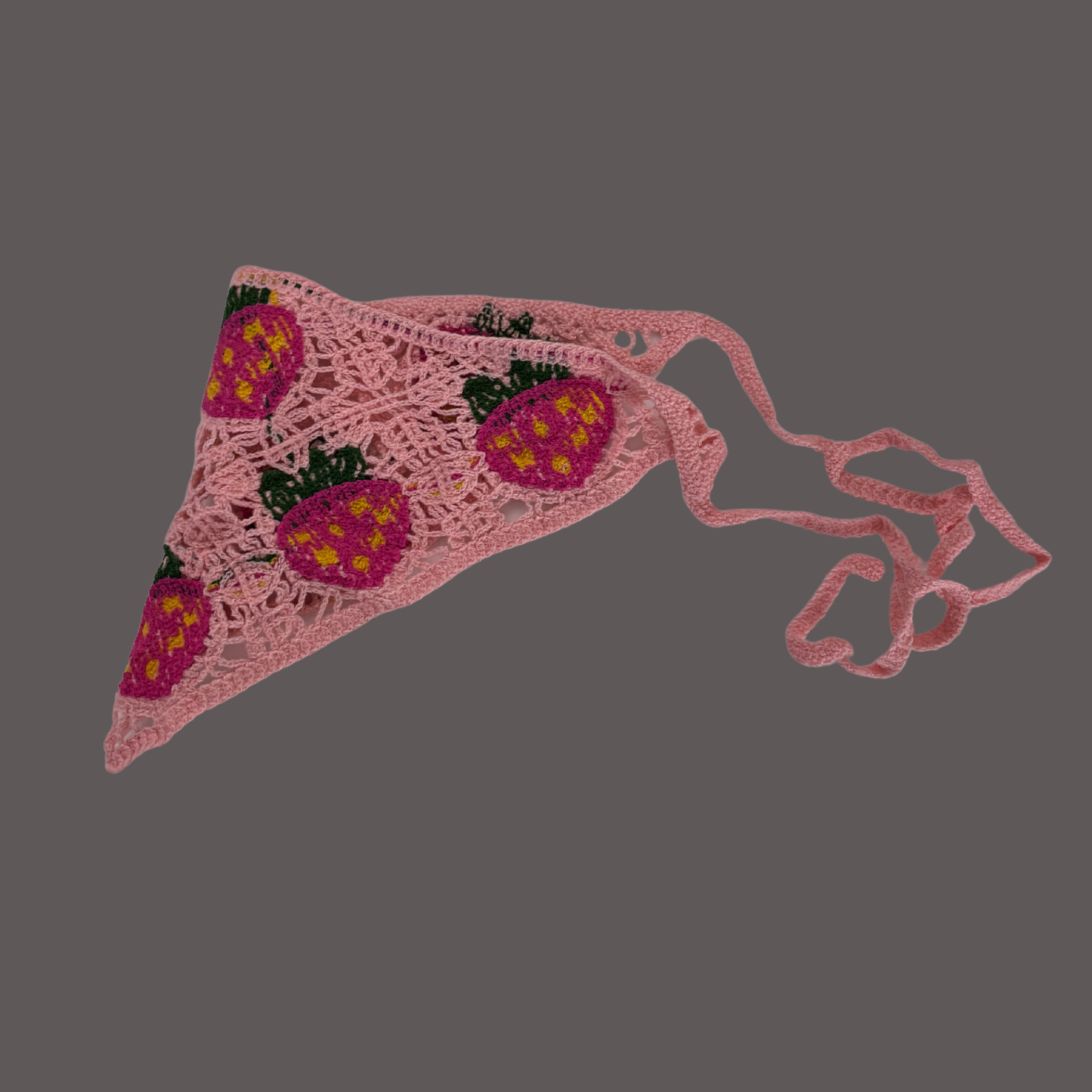 Crocheted Strawberry Hair Kerchief | Hot Pink Strawberries on Light Pink Bandana-Style