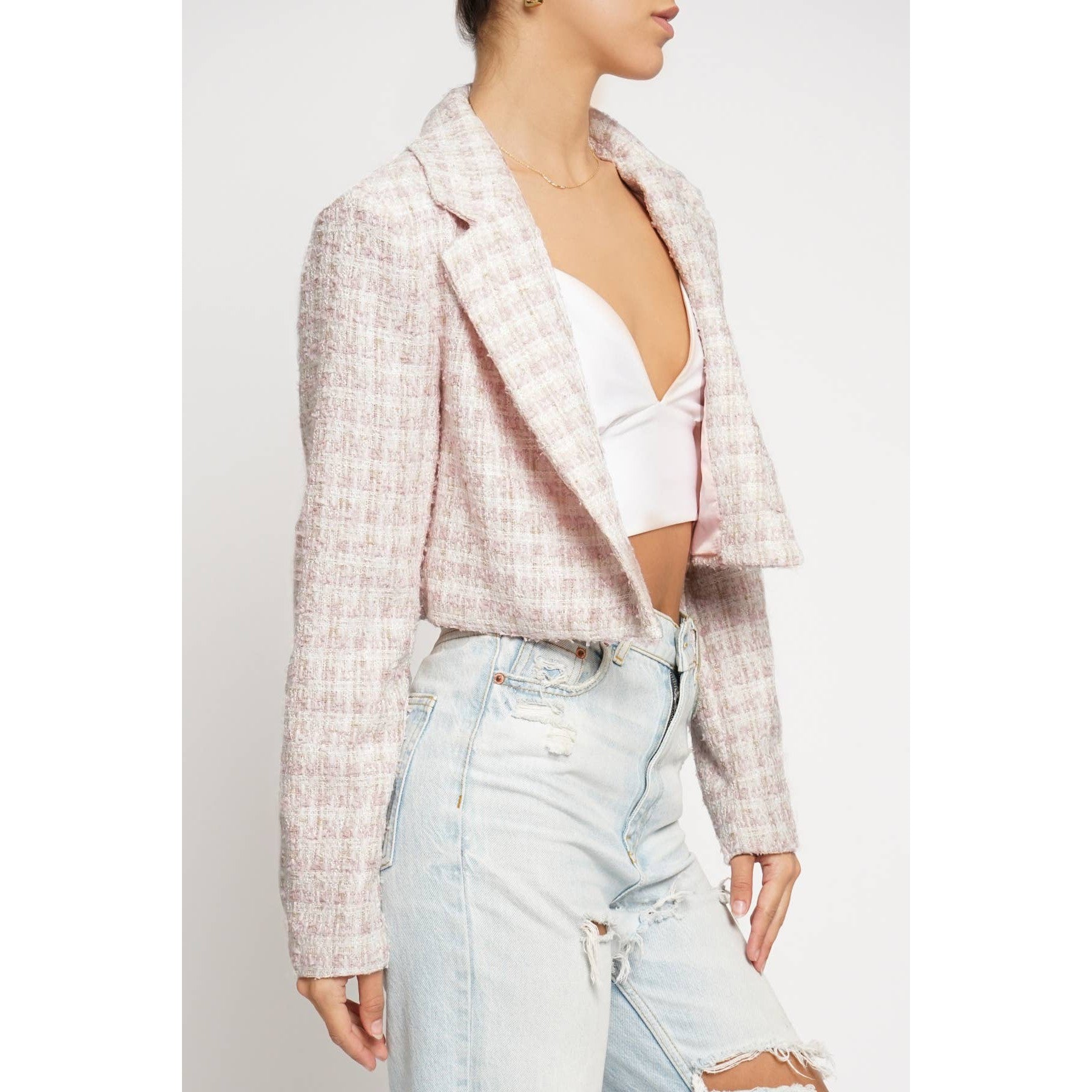 Cropped Boucle Jacket in Pink [Size Options: SM-L]