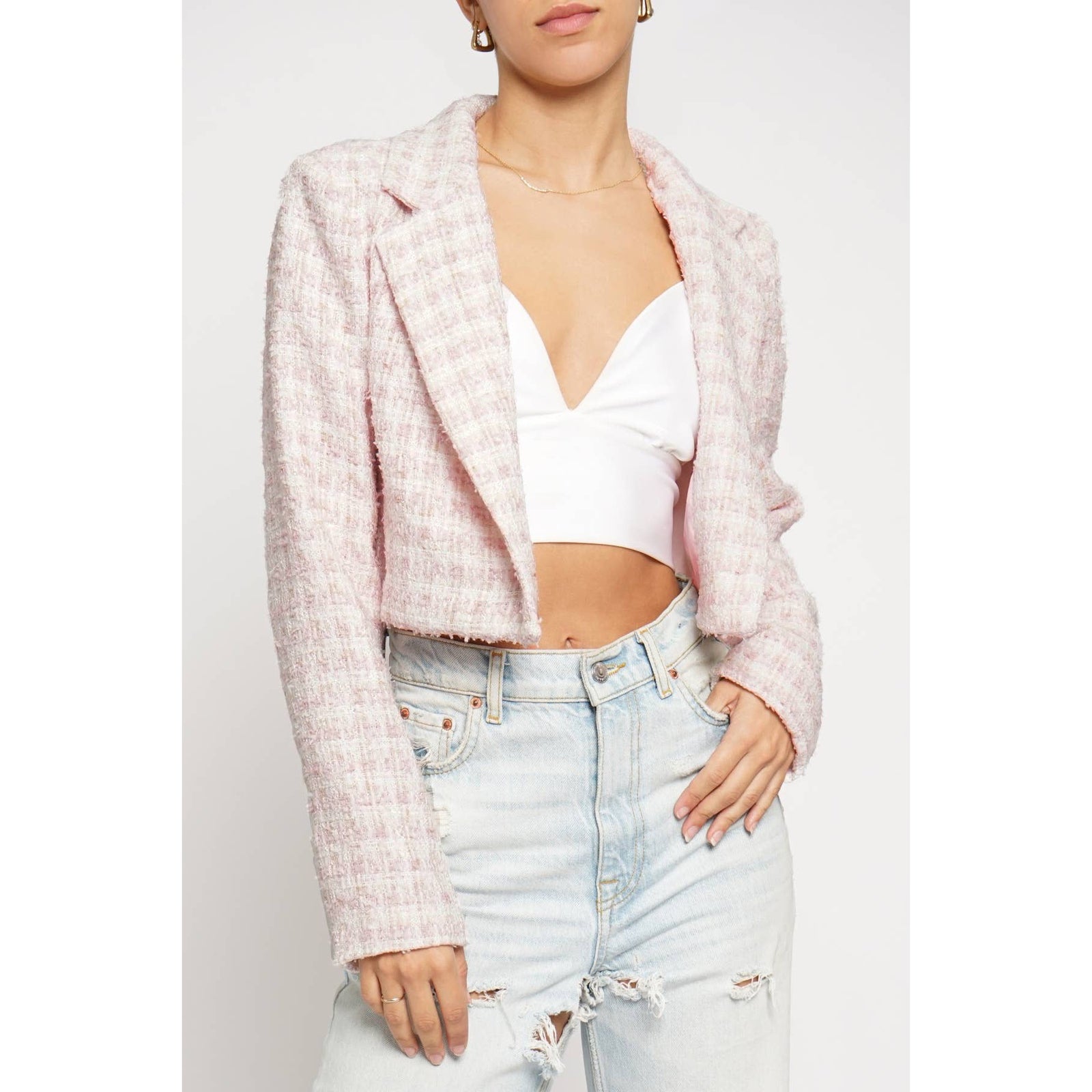 Cropped Boucle Jacket in Pink [Size Options: SM-L]