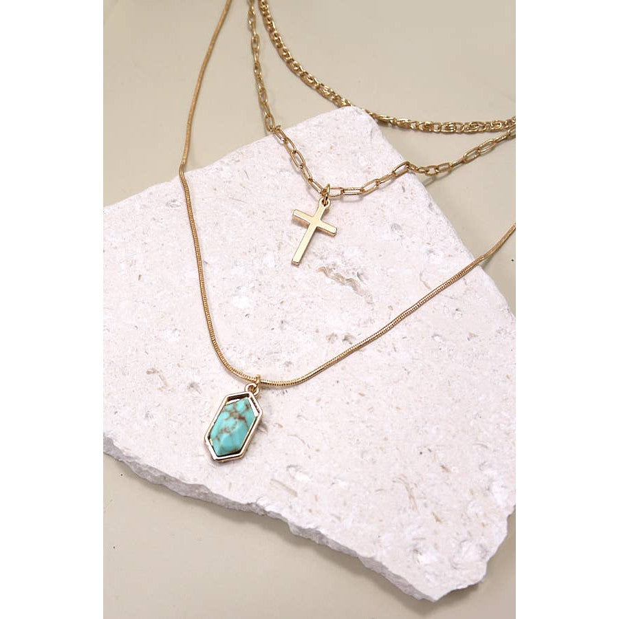 Cross Stone Multi Layer Chain Necklace | Layered Gold Tone Jewelry