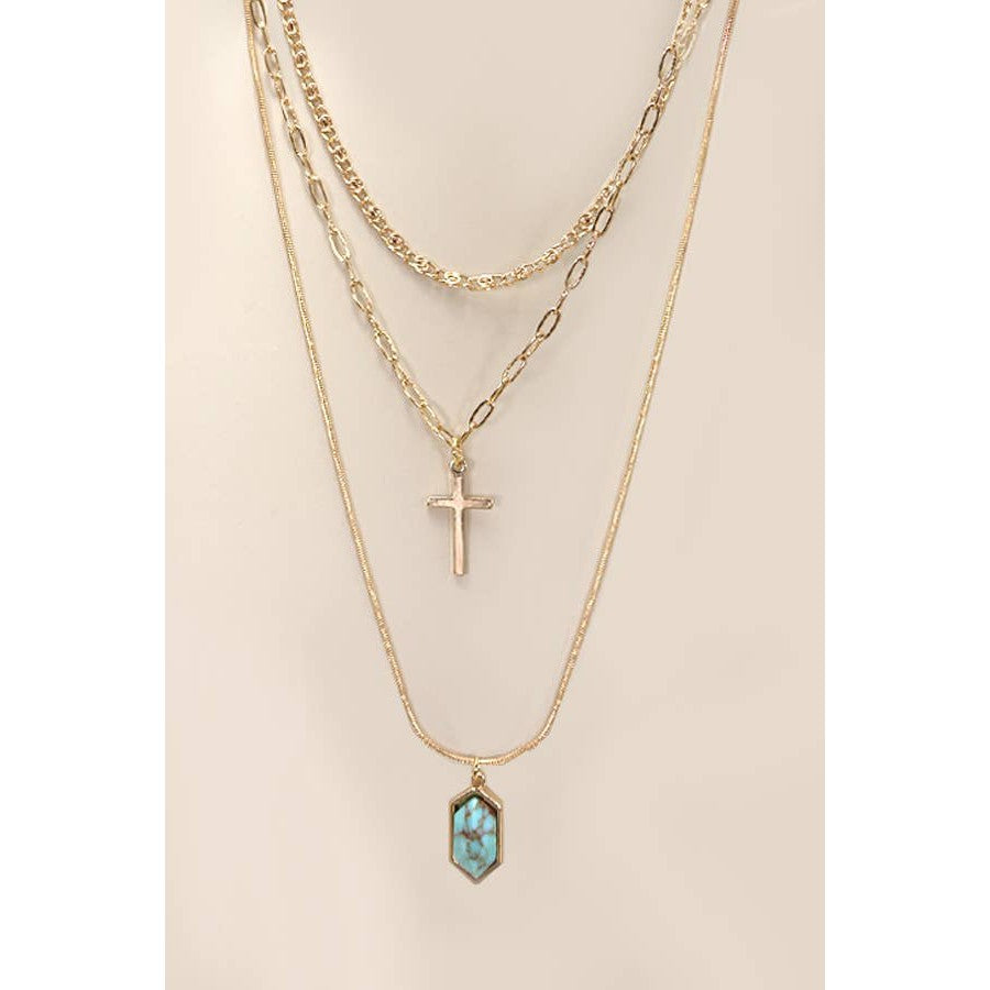 Cross Stone Multi Layer Chain Necklace | Layered Gold Tone Jewelry