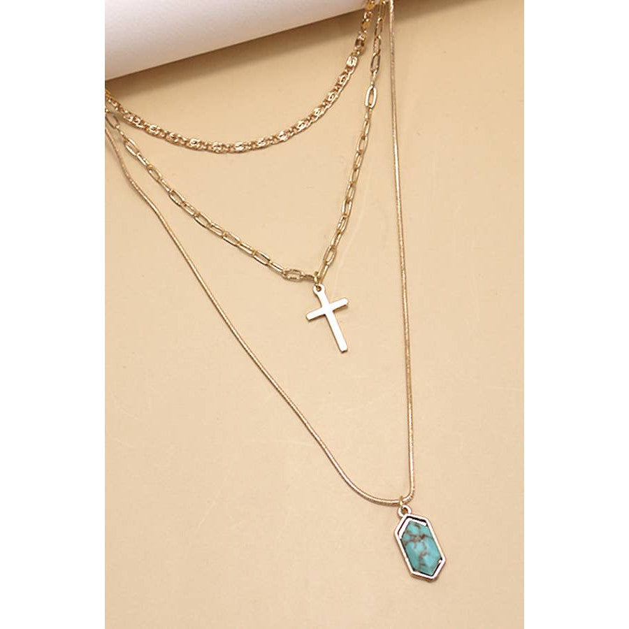 Cross Stone Multi Layer Chain Necklace | Layered Gold Tone Jewelry