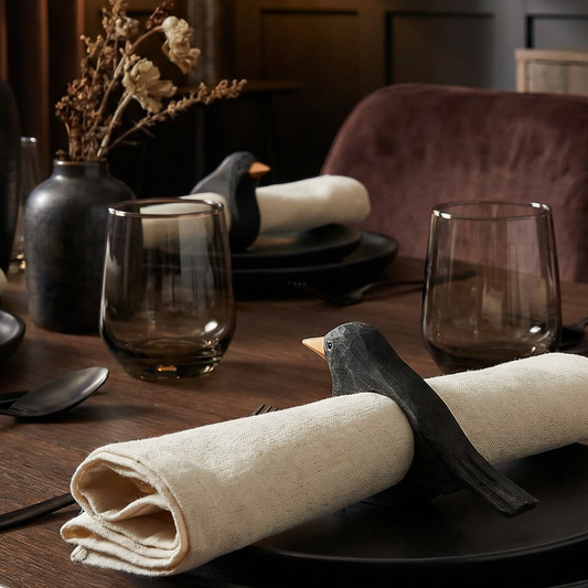 Crow Napkin Ring | Wooden Sculpted Black Bird Serviette Ring Table Napkin Holder | 4" x 2.75"
