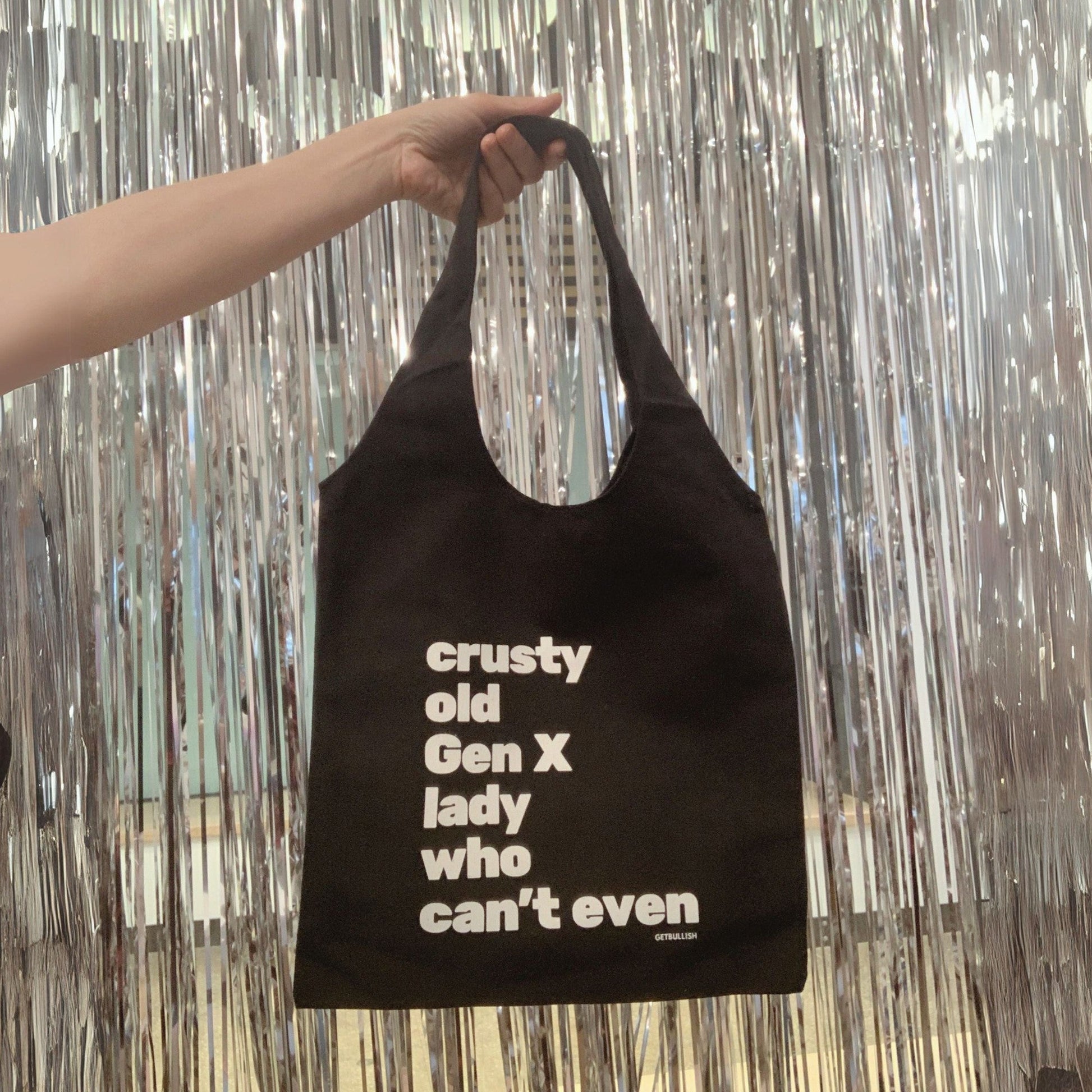 Crusty Old Gen X Lady Who Can't Even Keychain and Tote Bag Bundle | Motel Style Keyholder and Black Canvas Tote