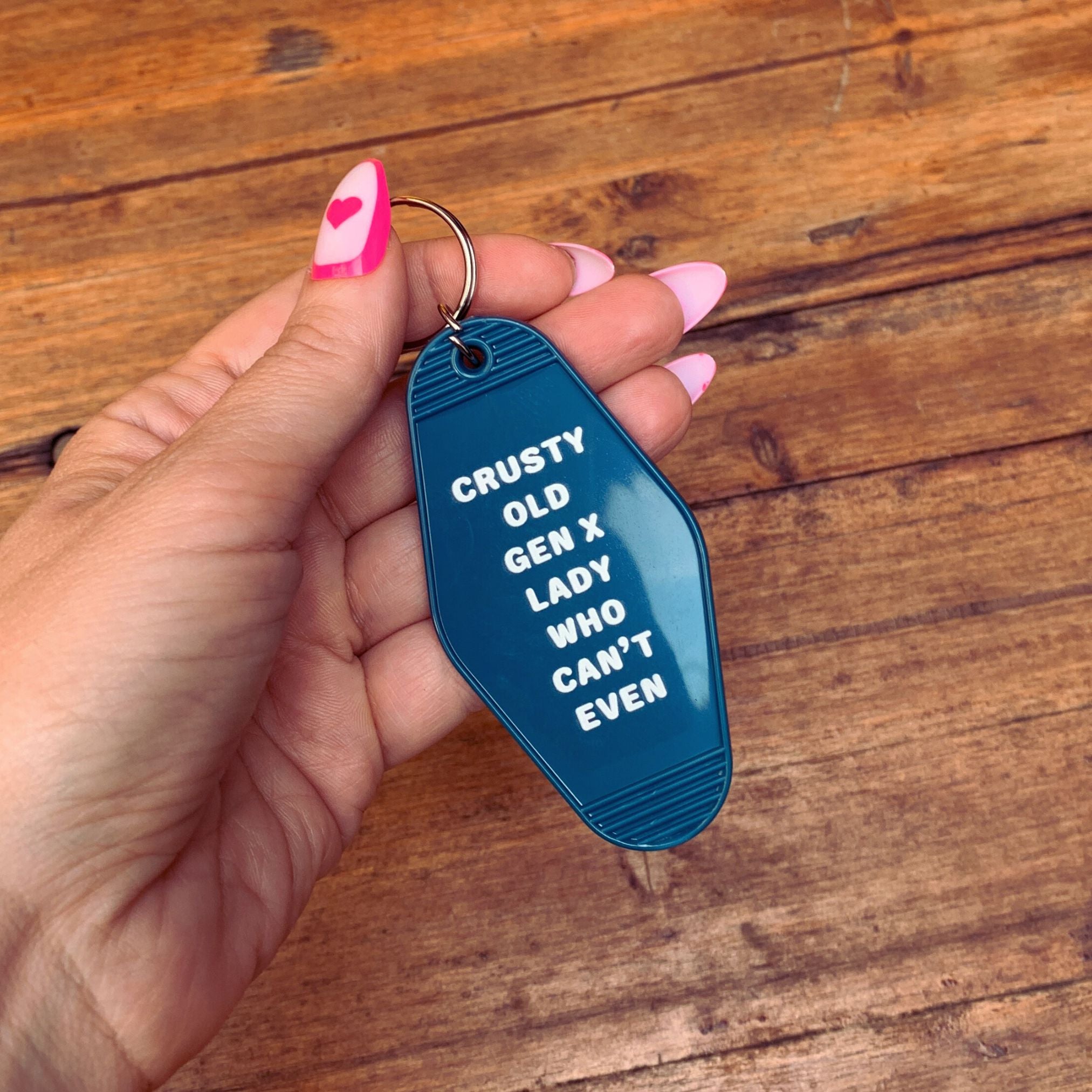 Crusty Old Gen X Lady Who Can't Even Motel Keychain in Blue – The
