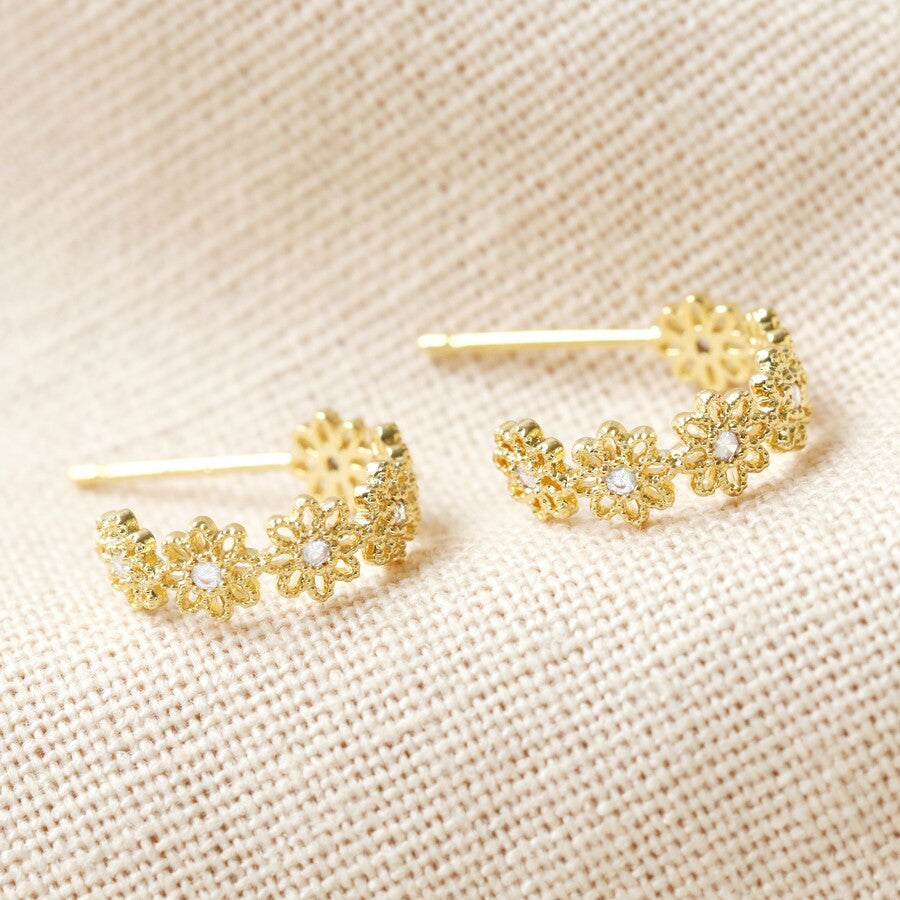 Crystal Daisy Hoop Earrings in Gold | Designed in the UK | 14K Gold Plated Brass