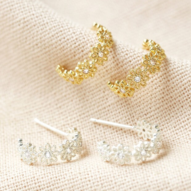 Crystal Daisy Hoop Earrings in Gold | Designed in the UK | 14K Gold Plated Brass