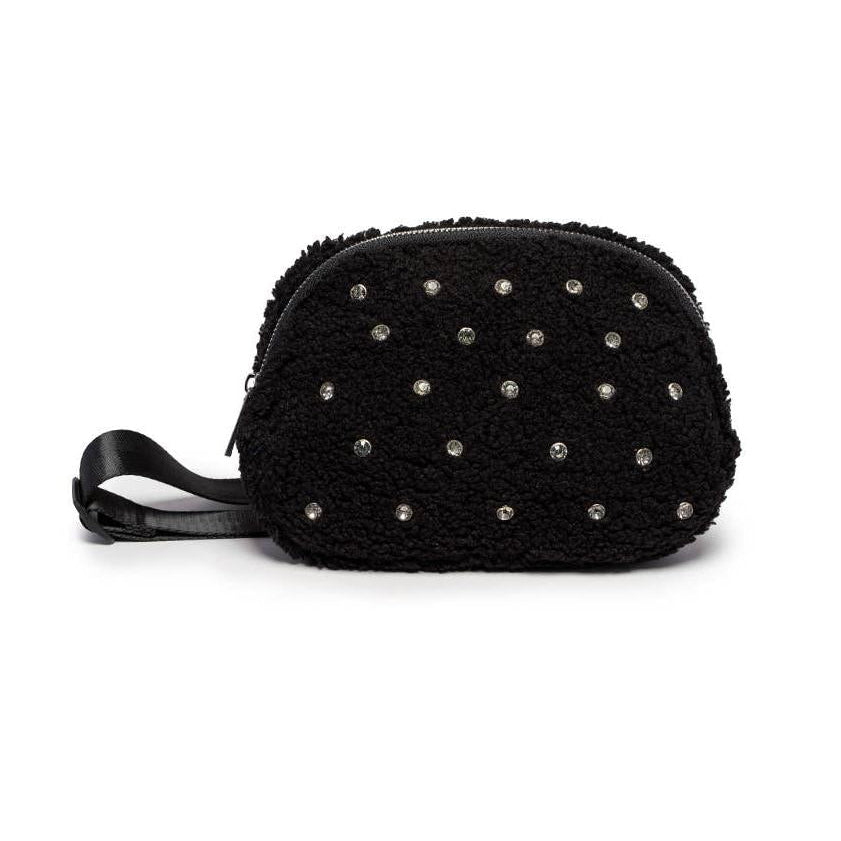 Crystal Embellishment Adjustable Belt Bag in Black | Stylish Crossbody Waist Bag