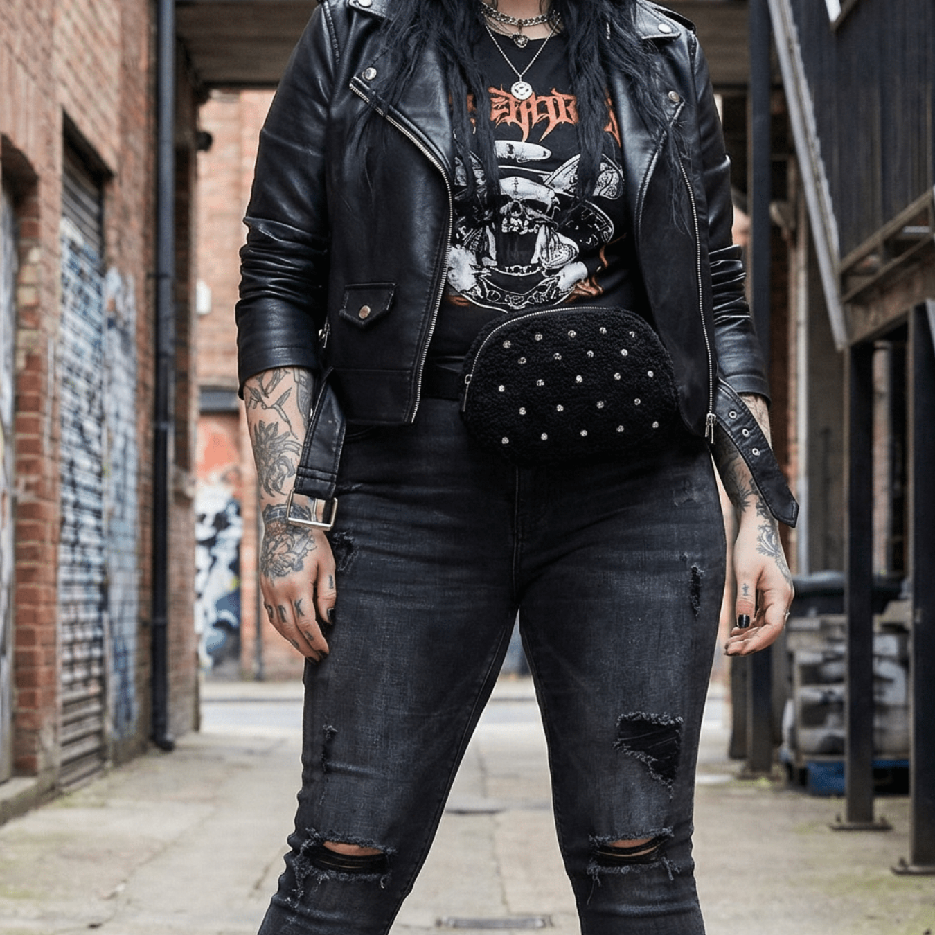 Crystal Embellishment Adjustable Belt Bag in Black | Stylish Crossbody Waist Bag