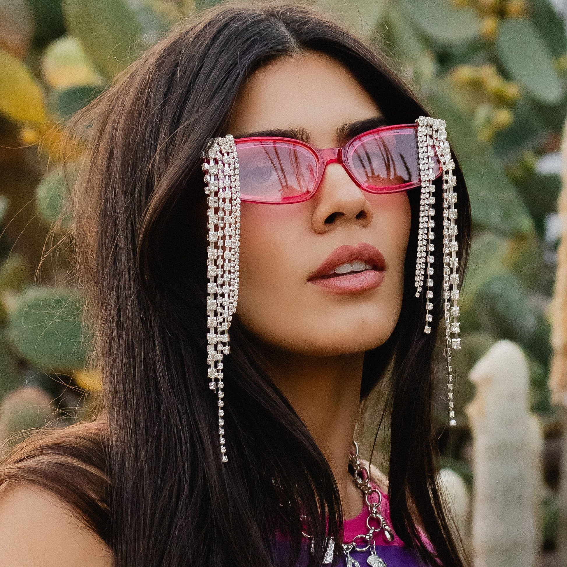 Crystal Fringe Sunglasses | Rhinestone Fringe Square Frames | Clear or Pink-V by Vye Eyewear-The Bullish Store