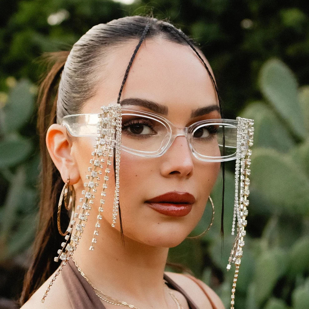 Crystal Fringe Sunglasses | Rhinestone Fringe Square Frames | Clear or Pink-V by Vye Eyewear-The Bullish Store