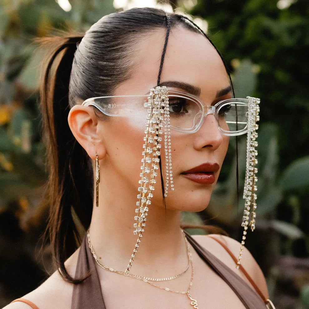 Crystal Fringe Sunglasses | Rhinestone Fringe Square Frames | Clear or Pink-V by Vye Eyewear-The Bullish Store