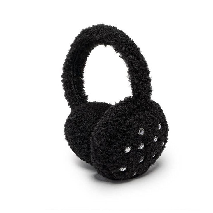 Crystal Jewel Embellishment Black Fuzzy Earmuffs | Winter Ear Warmer Cover Caps