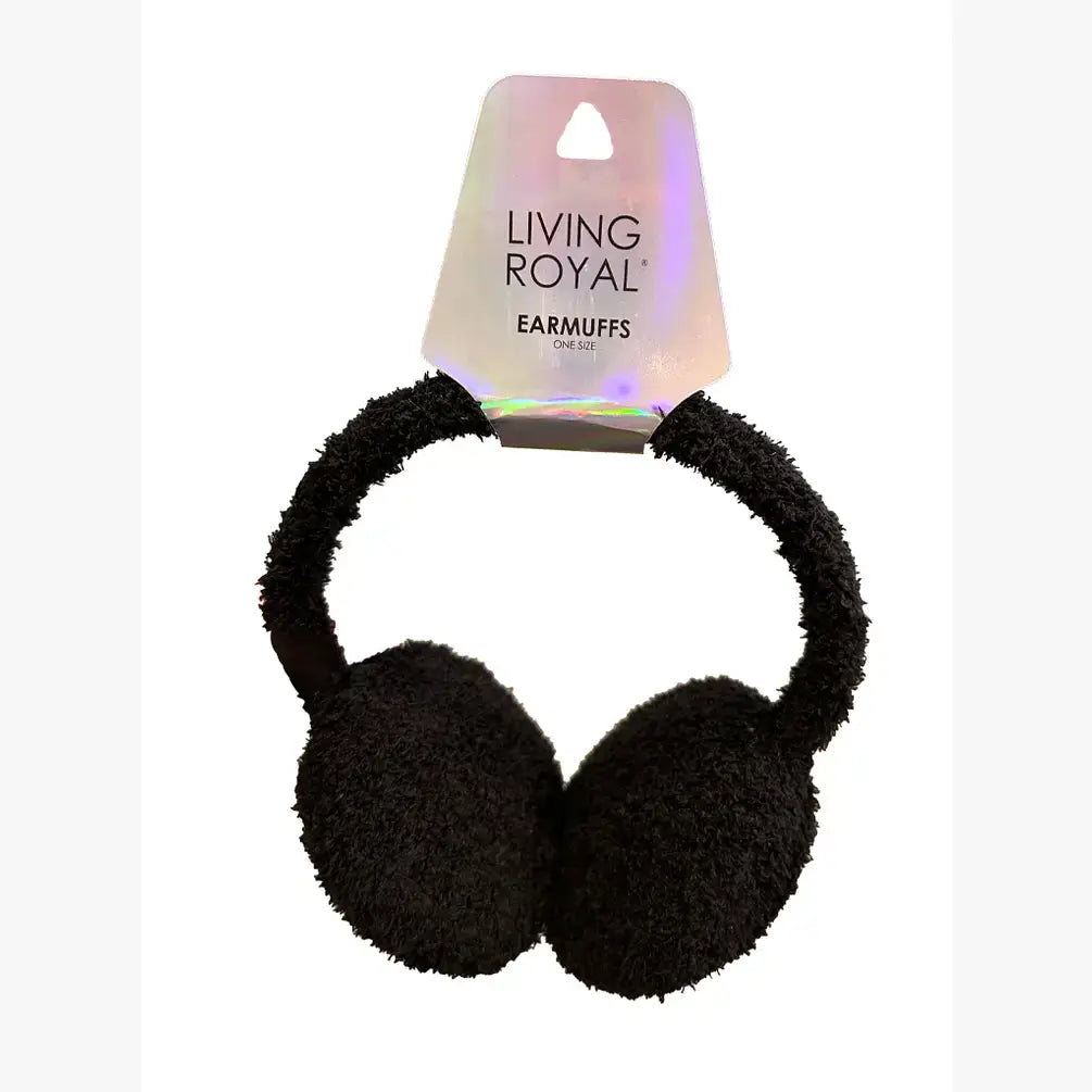 Crystal Jewel Embellishment Black Fuzzy Earmuffs | Winter Ear Warmer Cover Caps