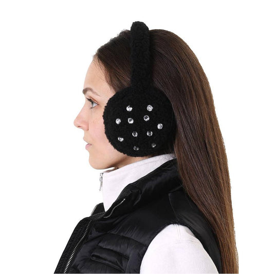 Crystal Jewel Embellishment Black Fuzzy Earmuffs | Winter Ear Warmer Cover Caps