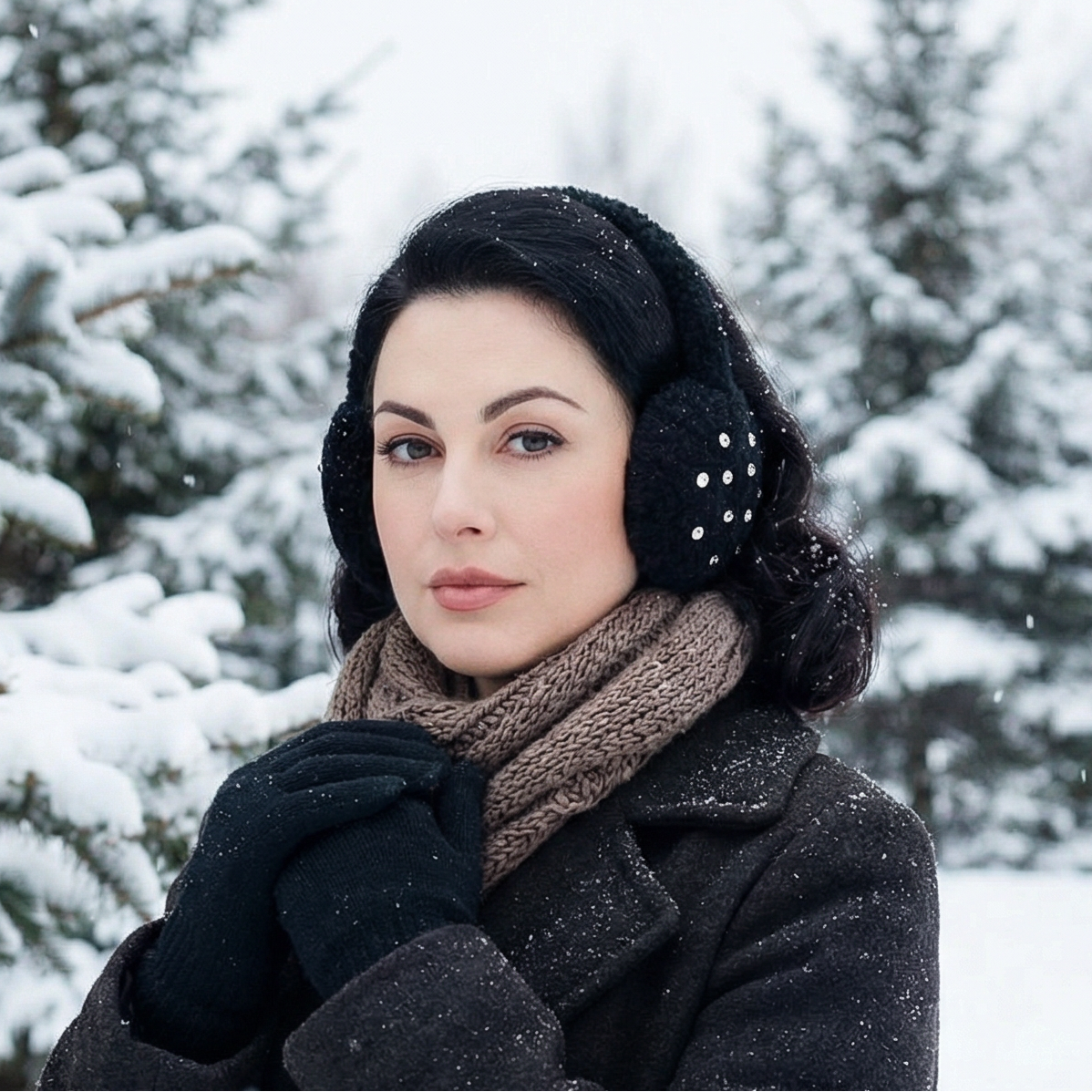 Crystal Jewel Embellishment Black Fuzzy Earmuffs | Winter Ear Warmer Cover Caps