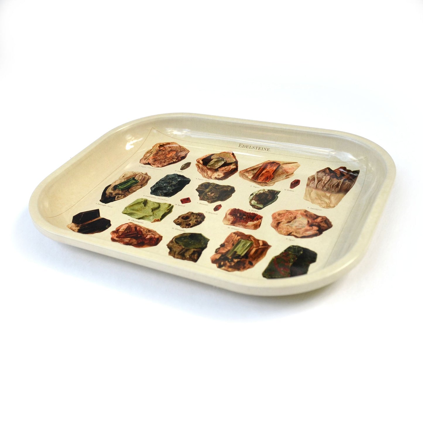 Crystals and Minerals Small Metal Ritual Tray | Vintage Gems Print Rolling Catch-all Tray | 5"x7"