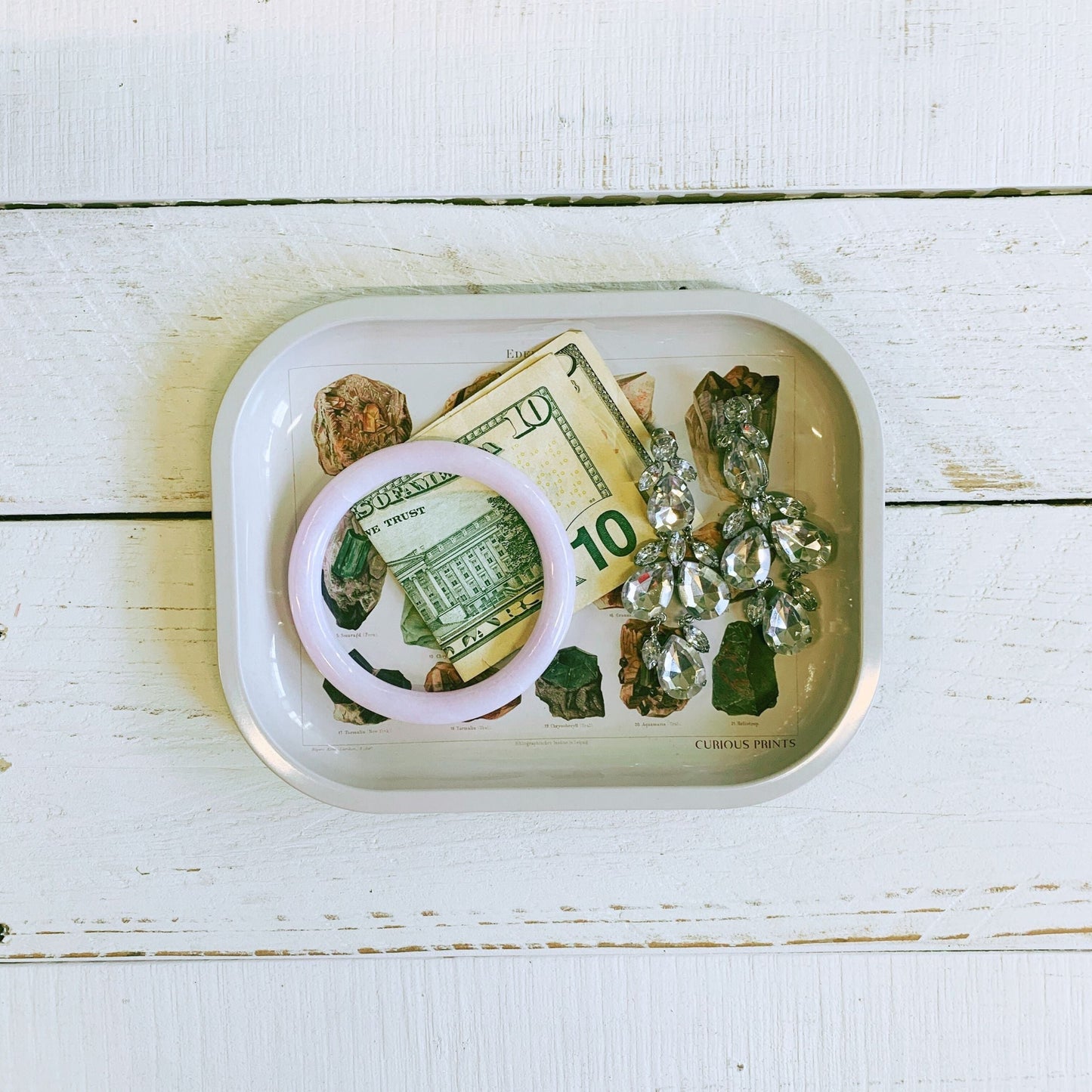 Crystals and Minerals Small Metal Ritual Tray | Vintage Gems Print Rolling Catch-all Tray | 5"x7"
