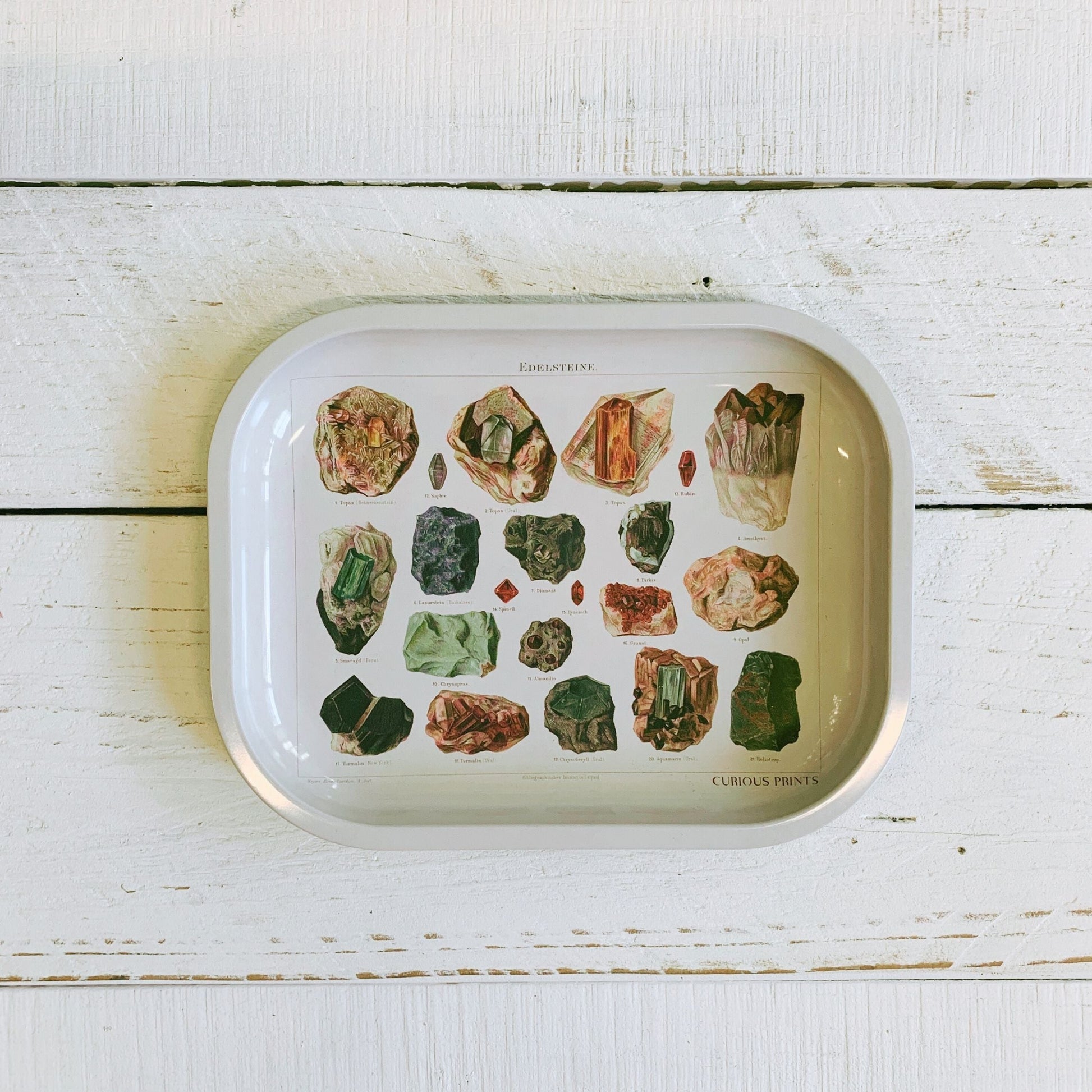 Crystals and Minerals Small Metal Ritual Tray | Vintage Gems Print Rolling Catch-all Tray | 5"x7"